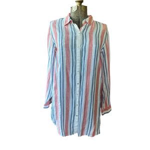 Artisan NY Large 100% Linen Button Tunic Striped Coastal Preppy Resort Wear